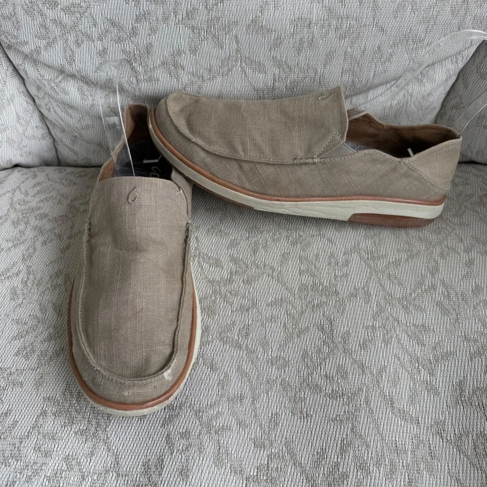 OluKai Kalia Kapa Men 11.5 Tan Linen Casual Slip On Loafers Shoes Minimalist EUC